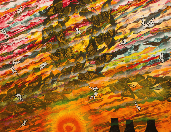 Merion Estes, Los Alamos Sunset, 2014. Fabric collage, acrylic paint on printed fabric, 62.5 x 79.5 inches, Courtesy of the artist. Photo: Matt Kazmer.