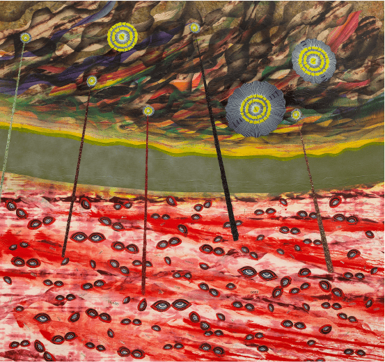 Merion Estes, Fire Power, 2014. Fabric collage, acrylic paint on printed fabric, glitter, 64 x 69 inches, Courtesy of the artist. Photo: Matt Kazmer.