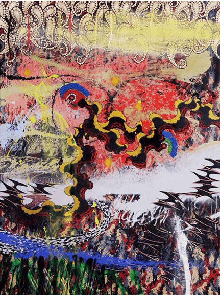 Merion Estes, Undercurrents, 2003. Fabric collage, acrylic paint on printed fabric, 54 x 72 inches, Courtesy of the artist. Photo: Matt Kazmer.