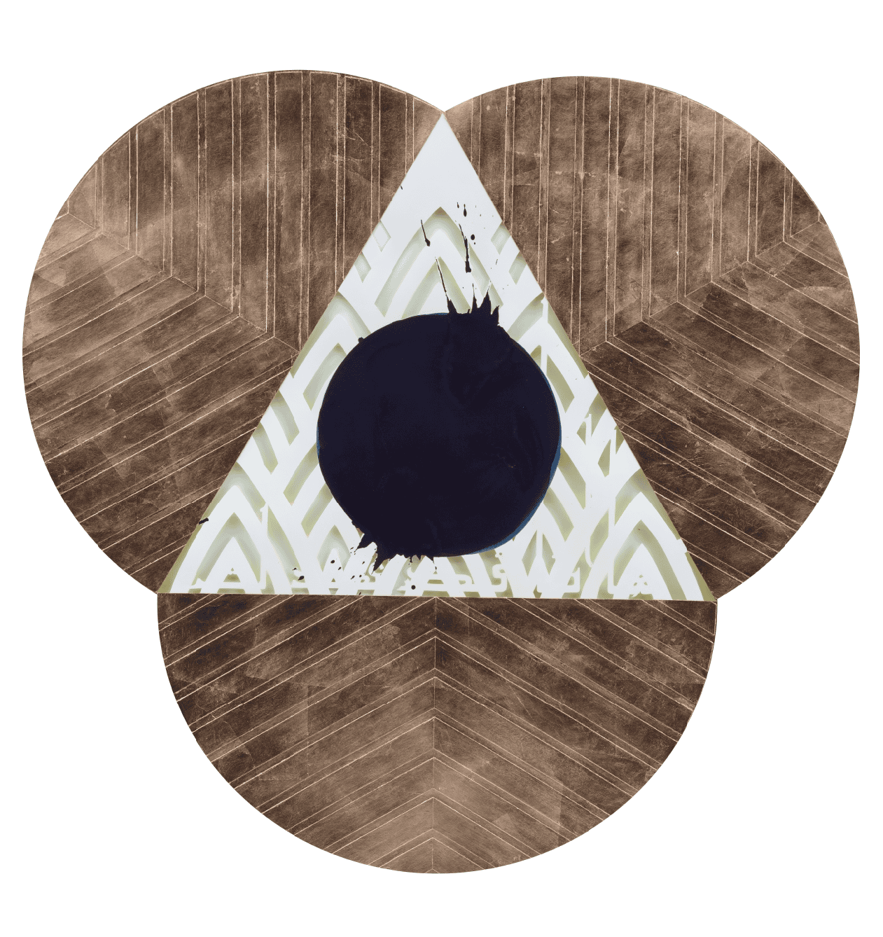Sherin Guirguis, Triple Disk Lotus (Here I Have Returned), 2018. Hand cut paper, ink, gold leaf, acrylic paint, 48 x 48 inches, Courtesy of the artist.