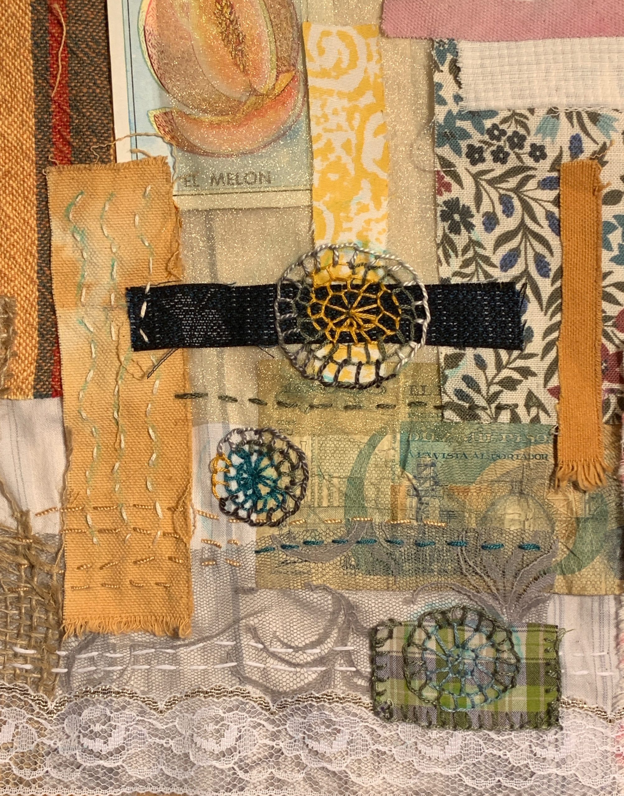 Boro – Items received in the envelopes from workshop participants. Attached to piece of my mother's smock that she wore while painting. Embellished with embroidery. 