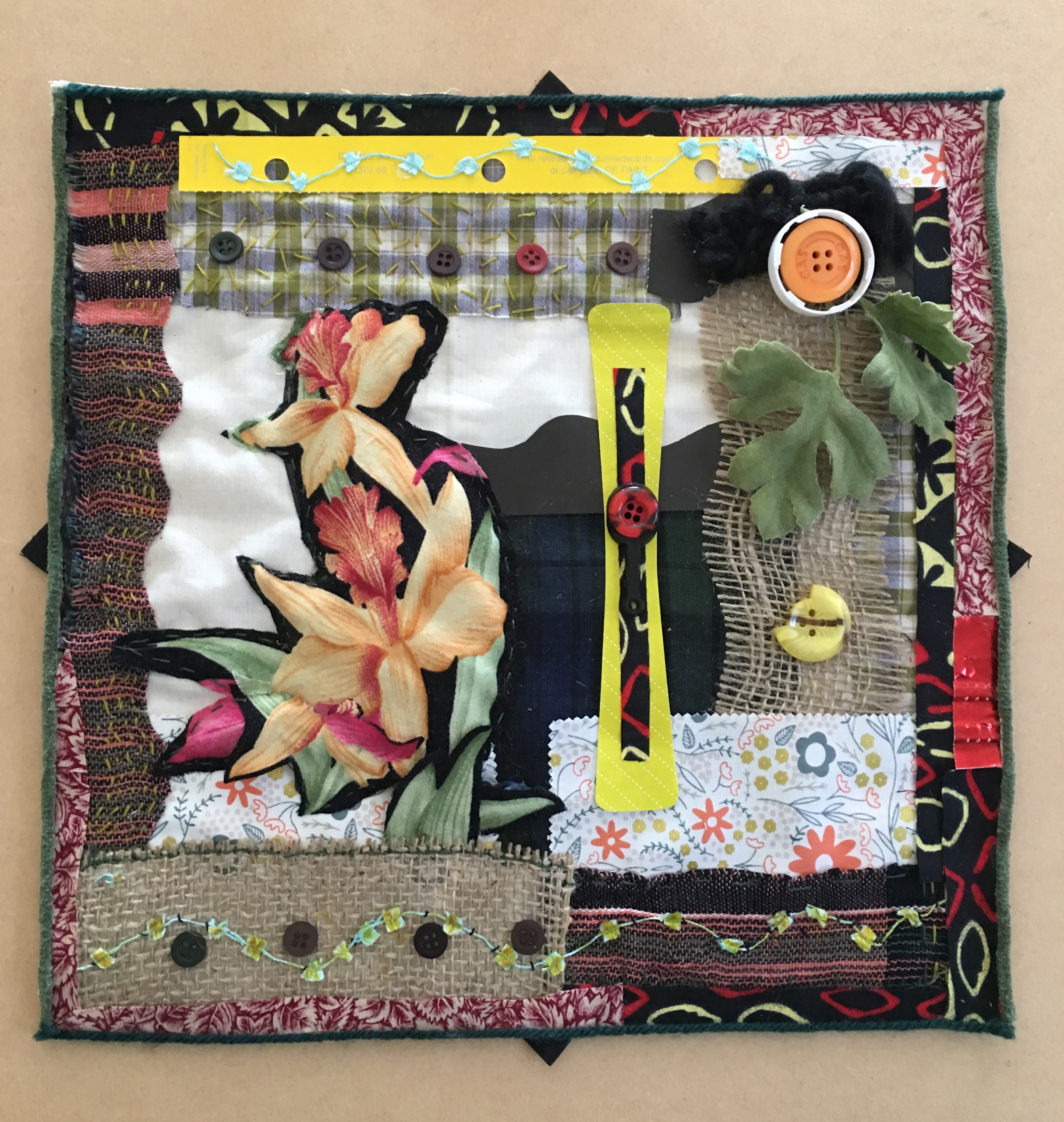 Orchid Fabric Collage, Fabric and items from workshop participants, Craft Contemporary
