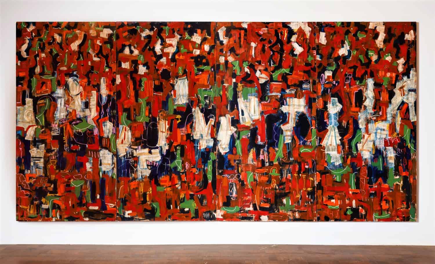 Gronk, Conquest, 2020. 8 feet x 16 feet x 1 inch, terra cotta, acrylic paint, oil stick, charcoal. Courtesy of the artist. Photo: Marc Walker/Dollhouse.
